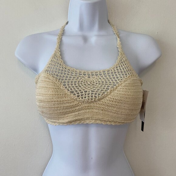Ninety Nine Ivory Crochet Halter Tie Bikini Top Medium - Picture 1 of 4